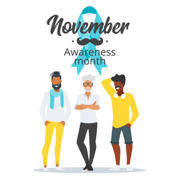 prostate cancer awareness month poster Vector flat style prostate cancer awareness month design poster, banner or card. Concept for annual event with mustaches and beard. Blue ribbon. Silhouettes man characters. november stock illustrations