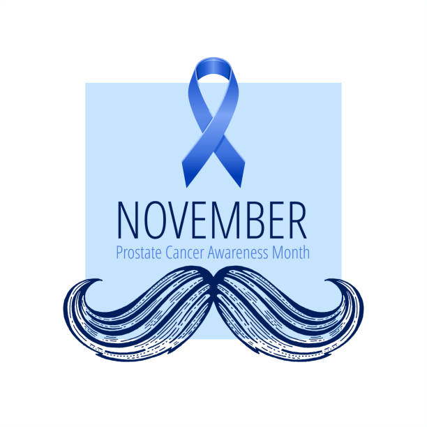 Prostate cancer awareness ribbon with moustaches. Men health symbol. Men cancer prevention in November month. Blue color concept. Engraved, 3d cartoon vector illustration isolated on white background Prostate cancer awareness ribbon with moustaches. Men health symbol. Men cancer prevention in November month. Blue color concept. Engraved, 3d cartoon vector illustration isolated on white background november stock illustrations