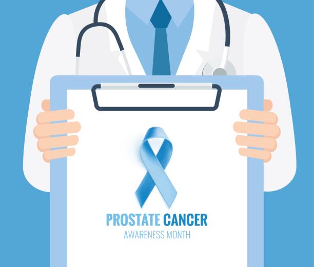 Prostate Cancer Ribbon Background. Close-up of a male doctor with lab coat in his office holding a clipboard. September is Prostate Cancer Awareness Month.  Prostate Cancer Ribbon Background. Vector illustration doctor backgrounds stock illustrations