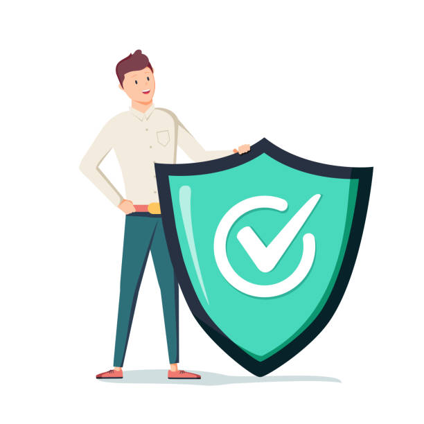 Protected from attack, concept. Defender, security business metaphor. Man is holding a shield reflecting the attacks. Protected from attack concept. Defender security business metaphor. Man is holding a shield reflecting the attacks. Flat vector illustration concept. Insurance agent with a shield concept warrior person stock illustrations