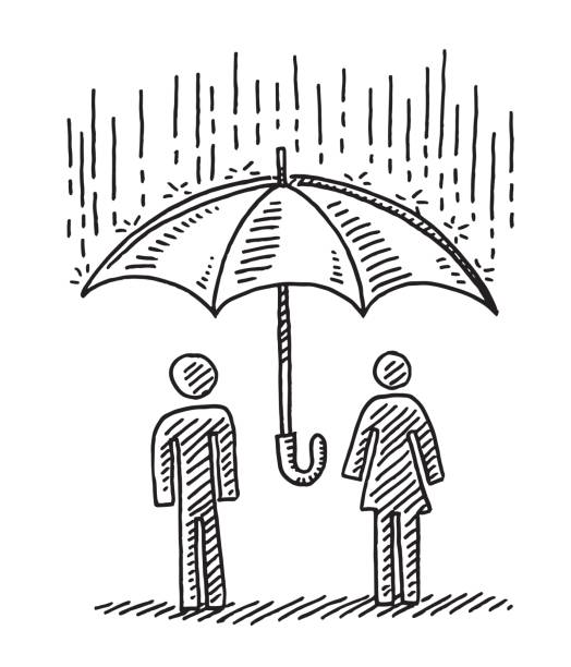Protection Concept Umbrella Couple Drawing Hand-drawn vector drawing of a Protection Concept with a Couple under an Umbrella, it’s raining. Black-and-White sketch on a transparent background (.eps-file). Included files are EPS (v10) and Hi-Res JPG. rain drawings stock illustrations