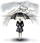 Engraving style illustration of woman protected by umbrella waiting for metaphoric storm to pass.