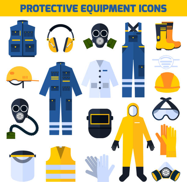 protective equipment icons Protective uniform respiratory equipment flat icons collection for medical professionals and construction workers abstract isolated vector illustration protective workwear stock illustrations