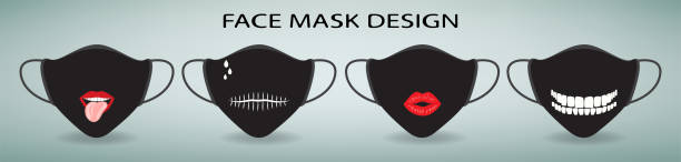 schutzgesichtsmaske design. satz von 4 cartoon medizinische masken mit druck. - lippen stock-grafiken, -clipart, -cartoons und -symbole
