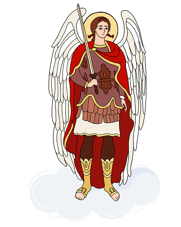 protector and warrior Archangel Michael in armor with sword. Vector illustration. hand drawing icon of Saint Michael Archangel. Religious concept for Catholic and Orthodox communities and holidays