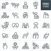 A set of protest and demonstration icons that include editable strokes or outlines using the EPS vector file. The icons include a protestor with sign and bullhorn, two protestors with fists raised, demonstrator holding a sign, demonstrator speaking to a crowd of demonstrators, two people hugging, person with arm around shoulder of a demonstrator, peaceful handshake between two people, depressed person, demonstrator with bullhorn and demonstrators in the background, hands clasped, hope and change concepts, person giving speech, banned violence and other related icons.