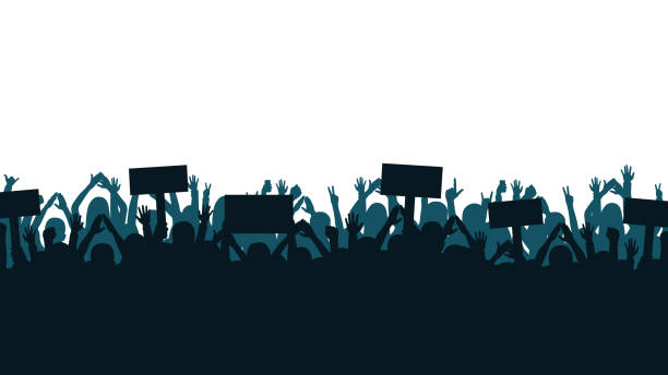 Protest and strike, demonstration and revolution concept. Silhouettes of crowd of people with raised up hands and flags. Political and human rights protest Protest and strike, demonstration and revolution concept. Silhouettes of crowd of people with raised up hands and flags. Political and human rights protest. Vector voting rights stock illustrations