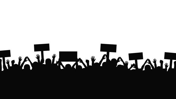 Protest and strike, demonstration and revolution concept. Silhouettes of crowd of people with raised up hands and flags. Political and human rights protest Protest and strike, demonstration and revolution concept. Silhouettes of crowd of people with raised up hands and flags. Political and human rights protest. Vector angry crowd stock illustrations