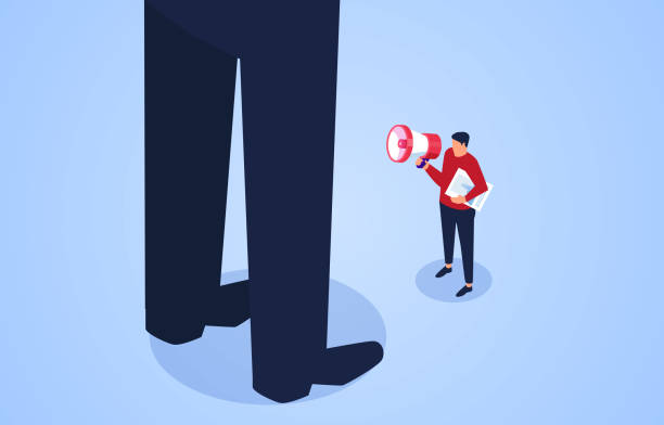 Protest, businessman holding a megaphone and shouting at the giant Protest, businessman holding a megaphone and shouting at the giant assertiveness stock illustrations