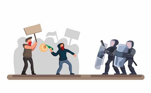Protesting Crowd Against police, man wear hoodie and mask throwing molotov to Police with shield and protection in cartoon flat illustration vector in white background