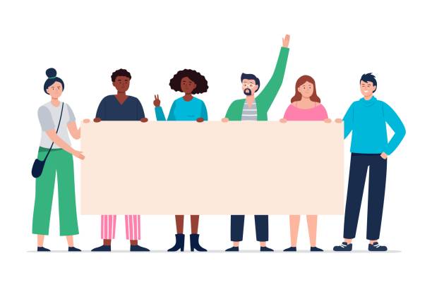 Protesting people holding a blank placard. Young and modern activists on parade or political meetings standing together. Expression of political, social position. Vector flat illustration. democracy stock illustrations