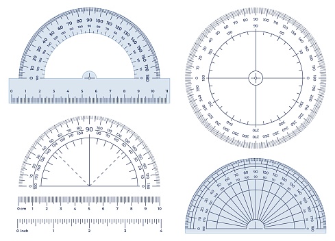 Protractor. Angles measuring tool, round 360 protractors scale and 180 degrees measure vector illustration set