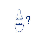 Protruding tongue mouth nose line icons isolated on white background. Smell and taste sense loss concept, question mark. Flu virus cold coronavirus runny nose symptom sign. Outline vector illustration