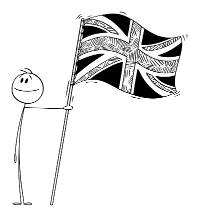 Proud Patriotic Person Holding Flag of United Kingdom of Great Britain, Vector Cartoon Stick Figure Illustration