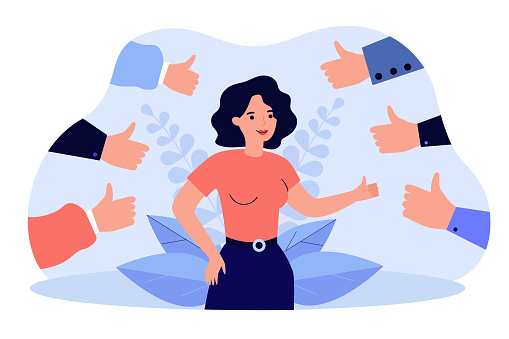 Proud positive woman surrounded by hands with thumbs up isolated flat vector illustration. Happy cartoon character accepting public approval and smiling. Respect and audience recognition concept