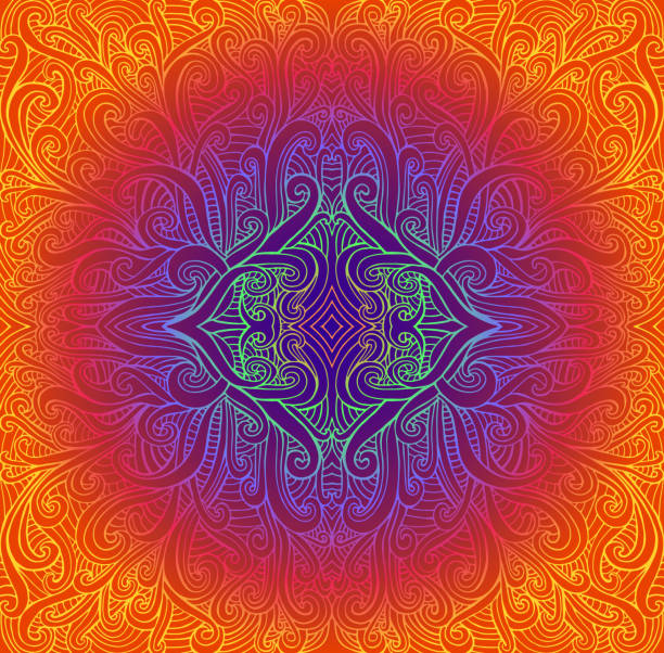 Psychedeli abstract tribal Mandala. Bright vintage round pattern. Vector illustration fractal background. Neon gradient colors. Indian, Buddhism, yoga. Psychedeli abstract tribal Mandala. Bright vintage round pattern. Vector illustration fractal background. Neon gradient colors. Indian, Buddhism, yoga. yoga borders stock illustrations