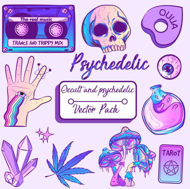 Psychedelic and occult witchy pack with witchcraft and trippy elements with purple galaxy gradient. Spiritual and millennial collection with isolated vectors. Purple fantasy objects for Halloween. Psychedelic and occult witchy pack with witchcraft and trippy elements with purple galaxy gradient. Spiritual and millennial collection with isolated vectors. Purple fantasy objects for Halloween. planchette stock illustrations