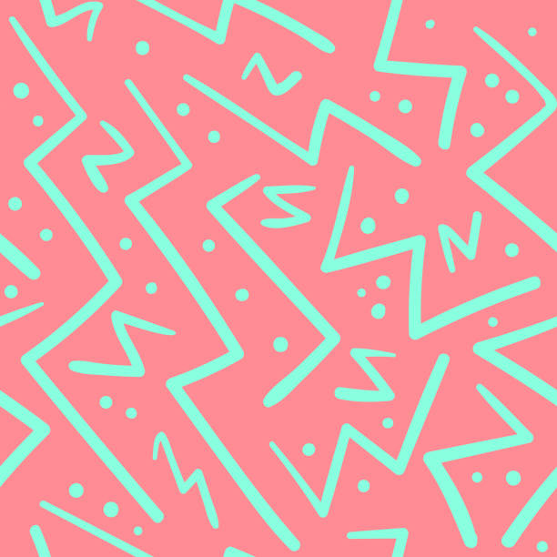 Psychedelic chaotic zig zag with dots pattern Psychedelic chaotic pink and green zig zag with dots seamless pattern. Abstract fashion trendy vector texture with hand drawn zigzag lines for textile, wrapping paper, surface, background lightning designs stock illustrations