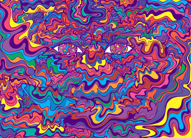 Psychedelic colorful eyes and waves. Fantastic art with decorati Psychedelic colorful eyes and waves. Fantastic art with decorative eyes. Surreal doodle pattern. Rainbow colors abstract pattern, maze wave of ornaments. Vector hand drawn illustration. psychedelic stock illustrations