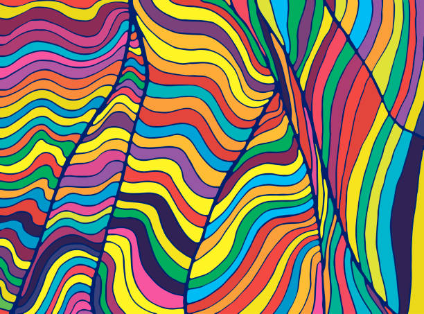 psychedelische bunte wellen. fantastische kunst mit dekorativer textur. surreale doodle muster. regenbogen farben abstrakte muster, labyrinth-welle von ornamenten. vektor hand gezeichnete abbildung. - bizarr stock-grafiken, -clipart, -cartoons und -symbole