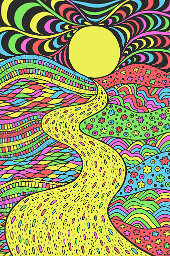 Psychedelic landscape. Colorful trippy artwork with line art. Pathway in meadows and waves. Seaside illustration. Doodle drawing. Vector artwork