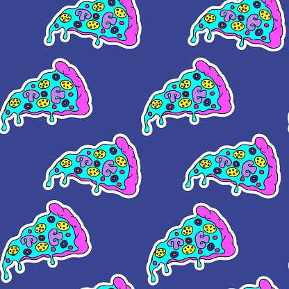 Psychedelic pizza slices seamless pattern. Digital illustration. Dark blue background.