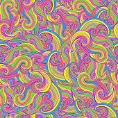 Psychedelic Waves Neon Colorful Abstract Seamless Pattern. Fantastic bright texture with curly waves. Vector decorative wavy illustration.