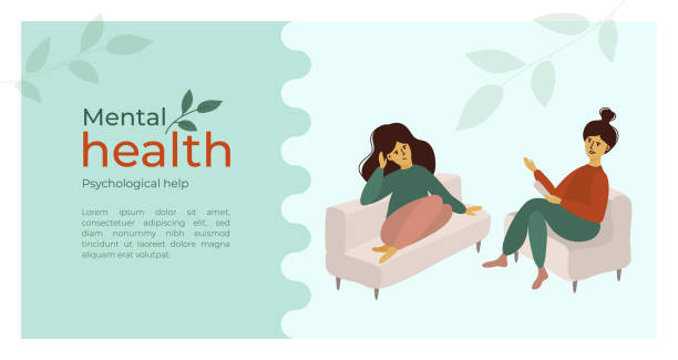 Psychological help concept with sad girl and psychologist Psychological help concept. Psychotherapy, mental health problem or depression treatment. Vector illustration of sad girl talking with psychologist. Woman issues. Template of layout, banner, flyer, ad mental health awareness stock illustrations