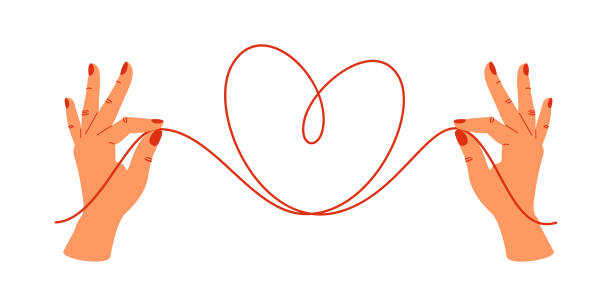 illustrazioni stock, clip art, cartoni animati e icone di tendenza di concetto di psicologia con le mani umane che tengono le estremità dei fili rossi a forma di cuore. - san valentino single