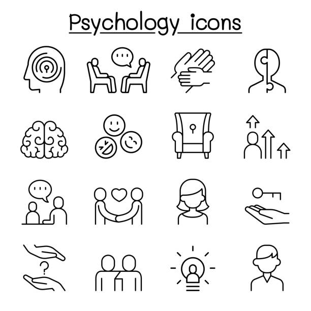 illustrazioni stock, clip art, cartoni animati e icone di tendenza di icona psicologia impostata in stile linea sottile - angst emoji