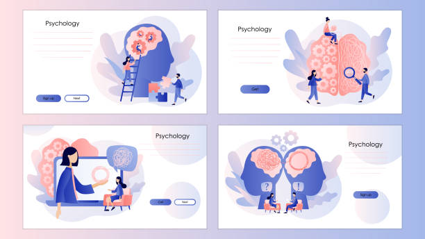 Psychology. Psychologist online.  Psychotherapy practice. Screen template for mobile smart phone, landing page, template, ui, web, mobile app, poster, banner. Modern flat cartoon style. Vector Psychology. Psychologist online.  Psychotherapy practice. Screen template for mobile smart phone, landing page, template, ui, web, mobile app, poster, banner. Modern flat cartoon style. mental health professional stock illustrations