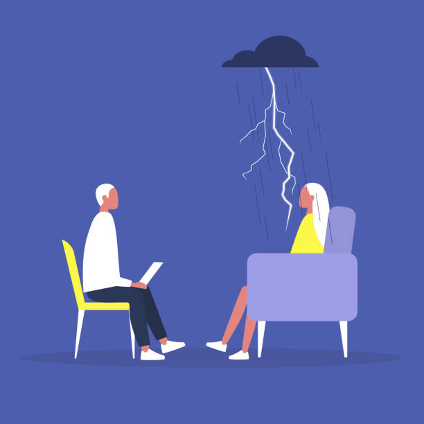 Psychotherapy consulting, a conversation between a doctor and a patient, mental health problems and medical support Psychotherapy consulting, a conversation between a doctor and a patient, mental health problems and medical support storm silhouettes stock illustrations