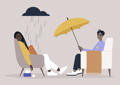 A psychotherapy session, a patient sitting under the rain cloud, a specialist giving them an umbrella
