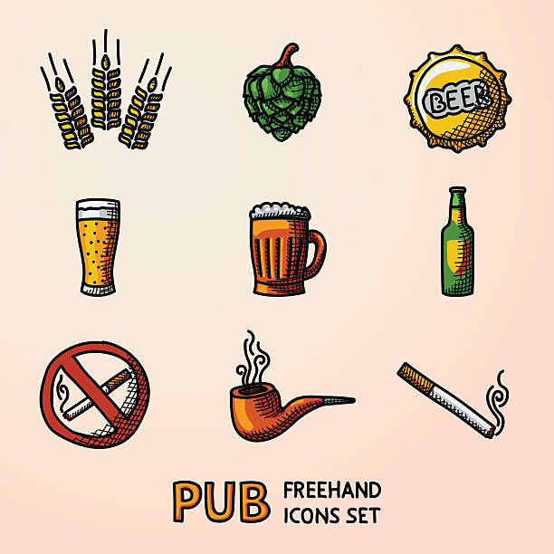 ilustraciones, imágenes clip art, dibujos animados e iconos de stock de iconos de cerveza de pub dibujados a mano con - vidrio, taza, botella - mano agarrando botella de cerveza y taza