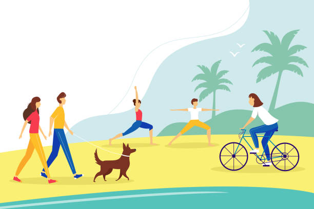 stockillustraties, clipart, cartoons en iconen met public beach background. people doing yoga, cycling, walking animals. relaxation and active recreation concept. vector illustration. - fietsen strand