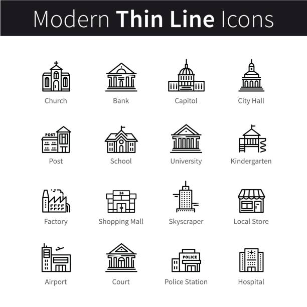 Public, government and commercial city buildings Set of public, government and commercial city buildings and institutions. thin black line art icons. Linear style illustrations isolated on white. government building stock illustrations