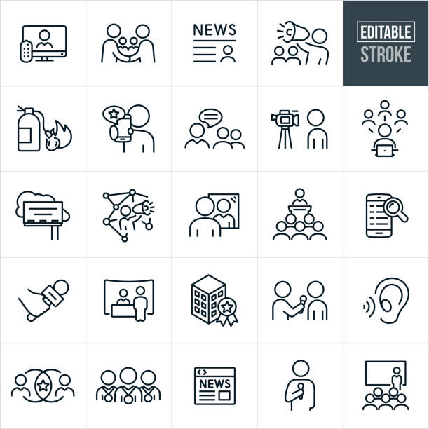 Public Relations Thin Line Icons - Editable Stroke A set of public relations icons that include editable strokes or outlines using the EPS vector file. The icons include business people engaged in public relations type activities. They include the press, interviews, client and public relations, media, person with bullhorn, news article, putting out fires, online reviews, person on camera, business person doing social media, billboard, company identity, PR person giving presentation, company perception, business award, awards to employees, online news and other related icons. interview stock illustrations