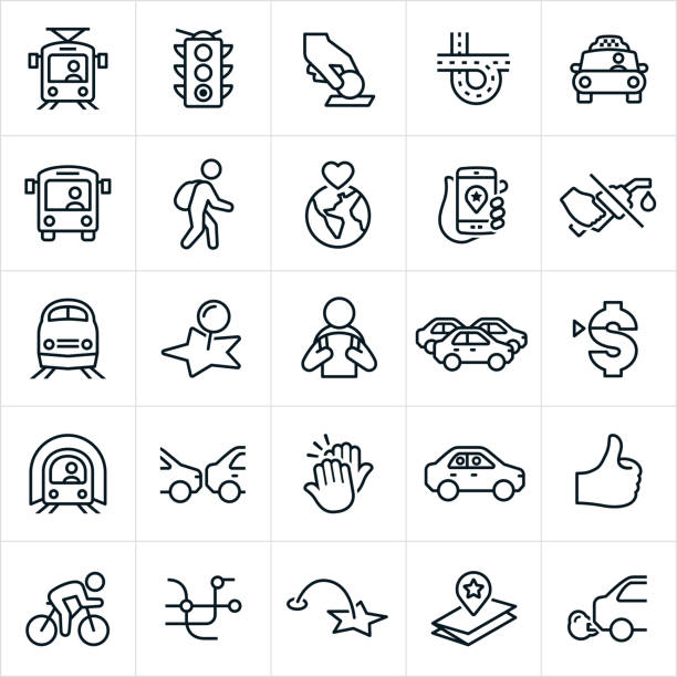 A set of public transportation icons. The icons include a bus, light rail, train, subway, taxi cab and other forms of transportation. They also include a stoplight, bus fare, interstate, rider, customer, environmental conservation, fuel savings, destination, reading, car pooling, thumbs up, street map and other related icons.