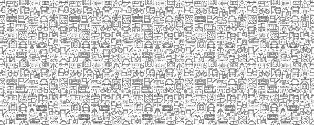 Public Transport Seamless Pattern and Background with Line Icons Public Transport Seamless Pattern and Background with Line Icons traffic designs stock illustrations