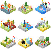 Public zoo with wild animals landscapes isometric 3D set. Lion, behemoth, zebra, giraffe, flamingo, gorilla, elephant, sheep in cages. Zoo infrastructure elements for design vector illustration.