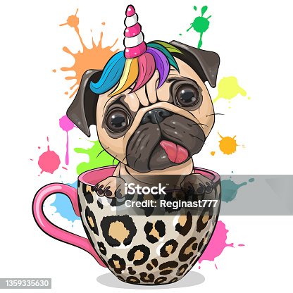 istock Pug dog with Unicorn horn is sitting in a Cup 1359335630