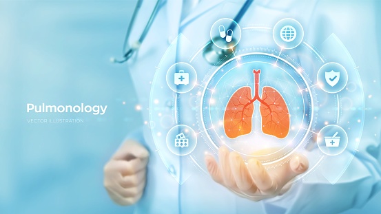 Pulmonology medicine concept. Respiratory system examination and treatment. Doctor holding in hand the hologram of Lungs and medical icons network connection on virtual screen. Vector illustration
