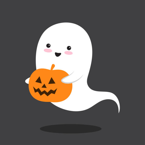 Pumkin and kawaii flying ghost in comic style Pumkin and kawaii flying ghost. Happy Halloween. Cute cartoon spooky character. Vector illustration ghost stock illustrations