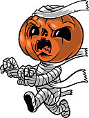 The illustration shows a pumpkin mummy, whose body is wrapped in bandages. The frightening mummy is running around.