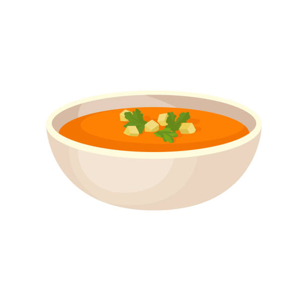 stockillustraties, clipart, cartoons en iconen met pompoen crème soep met room in een kom, traditionele thanksgiving voedsel vector illustratie op een witte achtergrond - soep