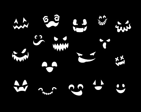 Pumpkin cut creepy faces set. Evil jack o lantern expresssion silhouettes. Cartoon monster character template.