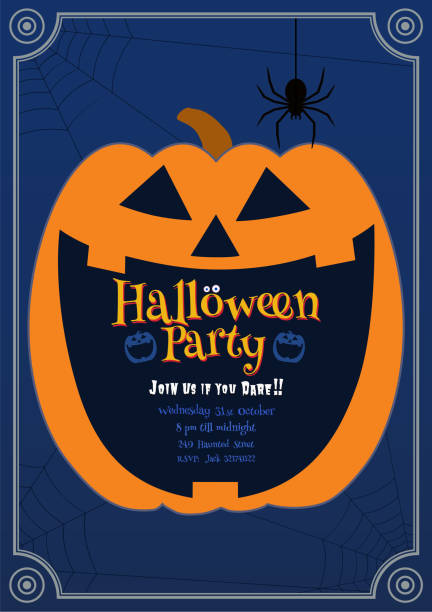 Pumpkin Jack smiling on blue BG halloween illustration Jack o lantern pumpkin laughing on dark blue background with text space in the mouth for Halloween party invitation candy silhouettes stock illustrations