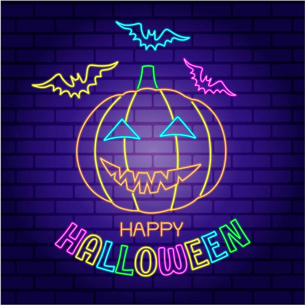 ilustrações de stock, clip art, desenhos animados e ícones de pumpkin neon design - happy halloween. - covid cemiterio