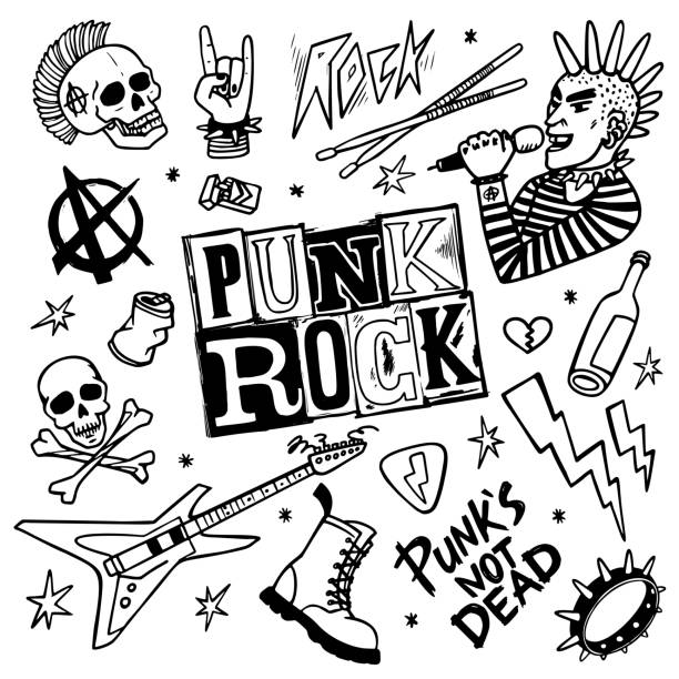 ilustrações de stock, clip art, desenhos animados e ícones de punk rock set. punks not dead words and design elements. vector illustration. - rock rose