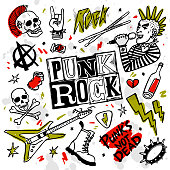 istock Punk rock set. Punks not dead words and design elements. vector illustration. 1177479324